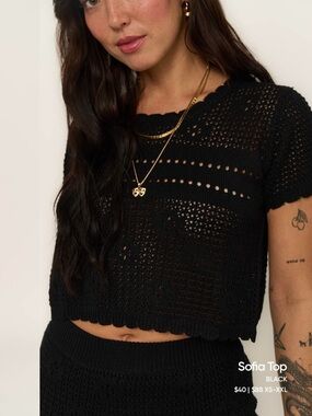 Callahan Black Crochet Short Sleeve Knit XS